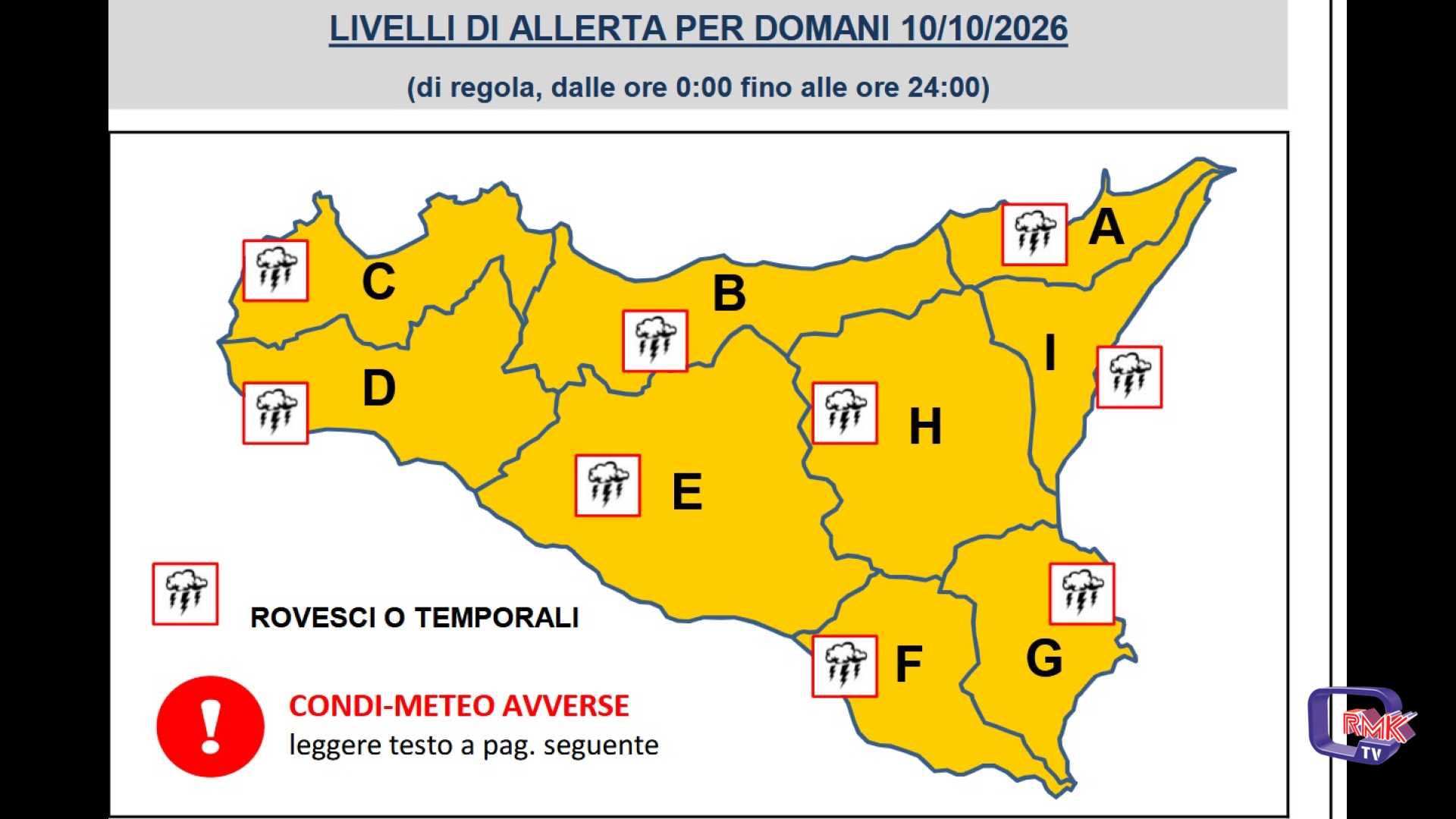 Diramata allerta arancione dalla mezzanotte di stasera alle 24 di domani