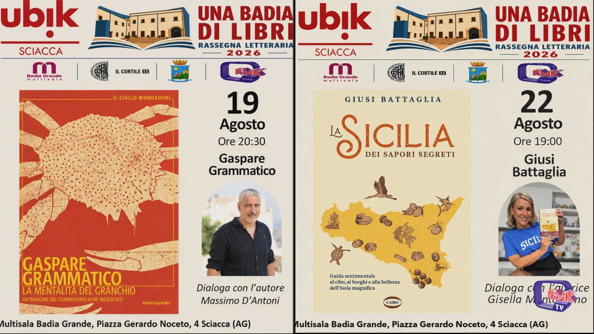 A Una Badia di libri domani Grammatico, sabato torna Giusina in Cucina
