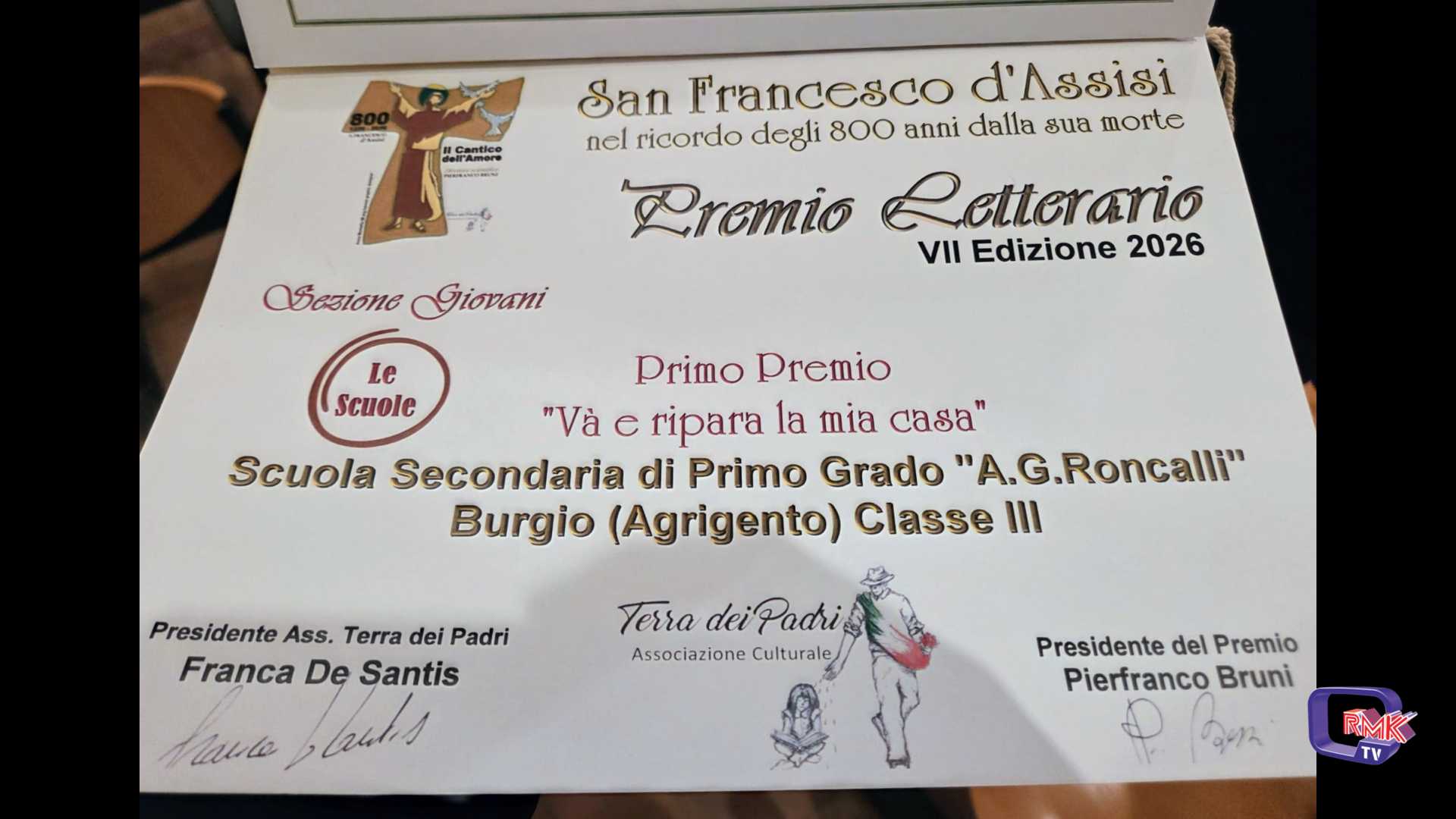 Istituto Roncalli di Burgio vince il primo premio ad un concorso nazionale dedicato a San Francesco 
